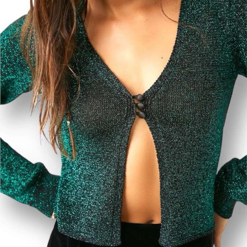 FREE PEOPLE Emmaline Metallic Cardigan Sweater in Alpine Combo - Picture 7 of 13